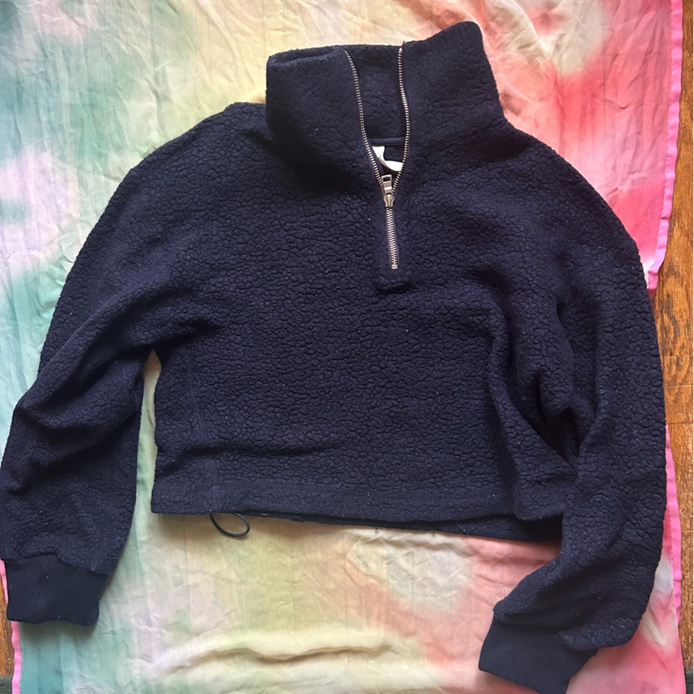Aritzia Babaton Navy Blue Fleece Half Zip Cropped Sweater